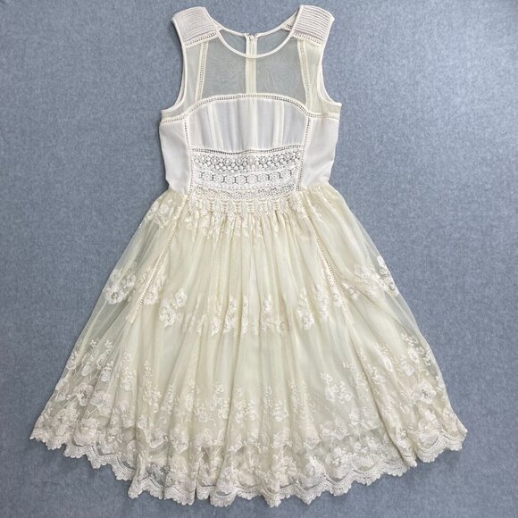 Let Me Be Dress Womens Medium Ivory Floral Embroidered Lace Mesh Sleeveless - Picture 1 of 16